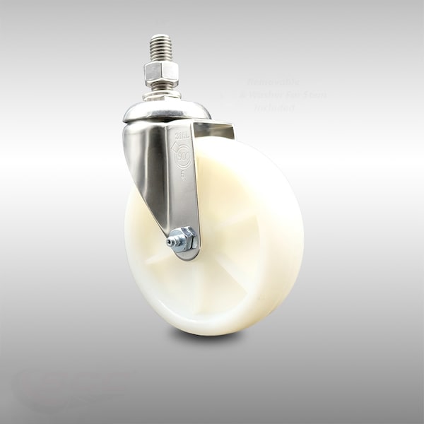 5 Inch 316SS Nylon Wheel Swivel 3/8 Inch Threaded Stem Caster